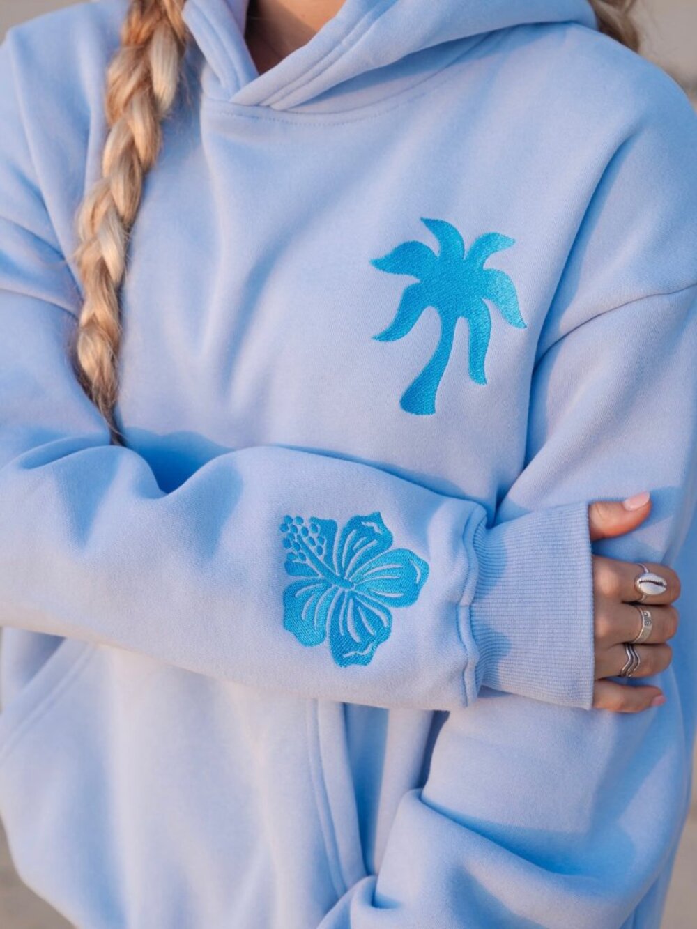 NEW Pink Palm Puff Everything Comes in Waves Hoodie in Blue choose size - Picture 5 of 7